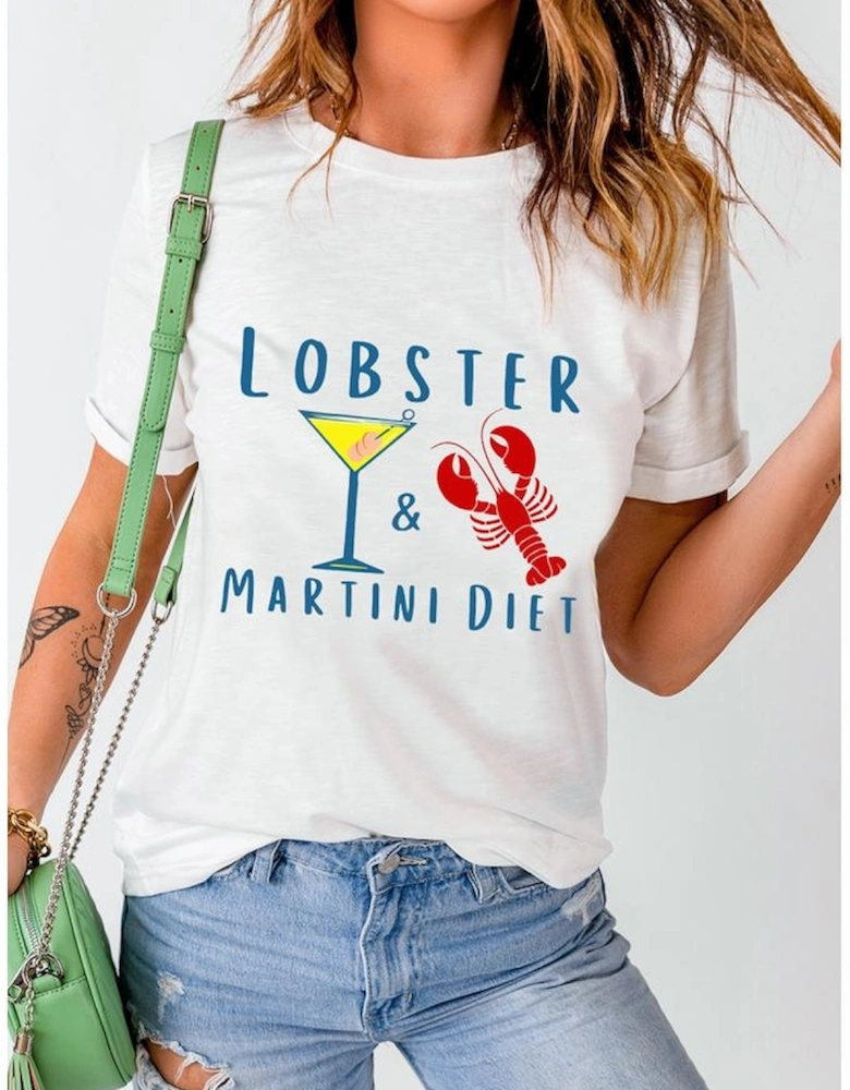 White LOBSTER MARTINI DIET Cocktail & Crawfish Print T Shirt