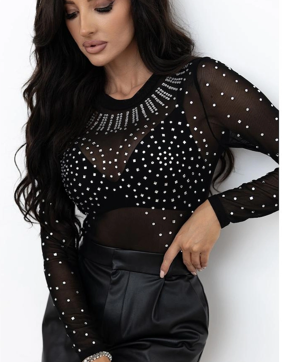 Black Rhinestone Sheer Mesh Long Sleeve Bodysuit