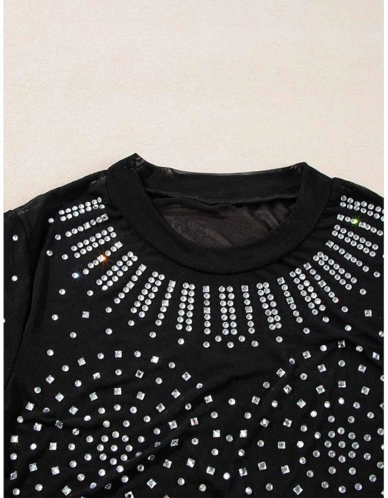 Black Rhinestone Sheer Mesh Long Sleeve Bodysuit