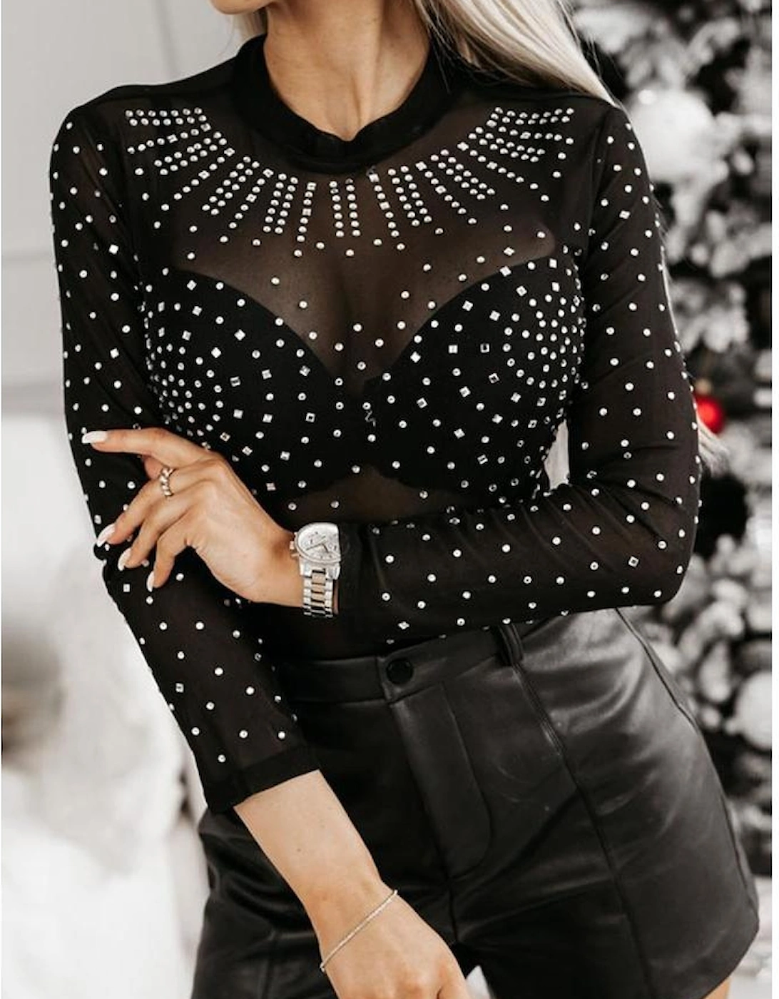 Black Rhinestone Sheer Mesh Long Sleeve Bodysuit, 11 of 10