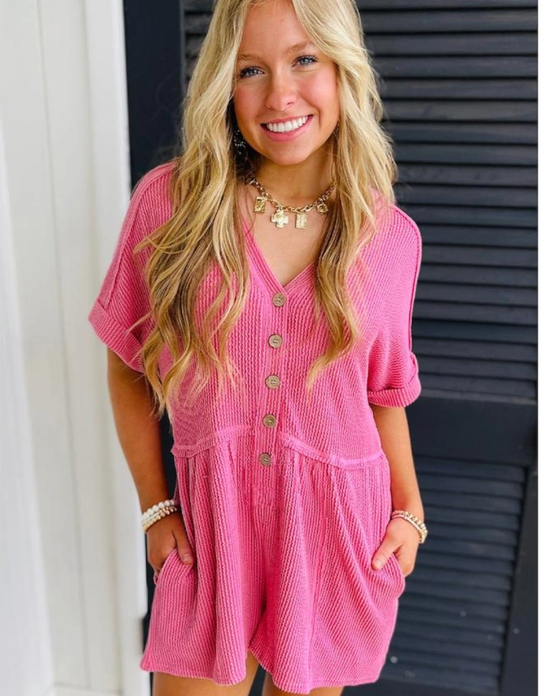 Bright Pink Spiral Ribbed Short Sleeve V Neck Buttoned Romper with Pocket