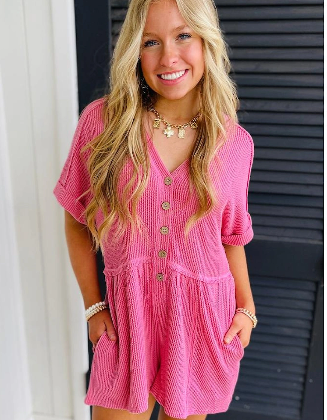 Bright Pink Spiral Ribbed Short Sleeve V Neck Buttoned Romper with Pocket, 4 of 3