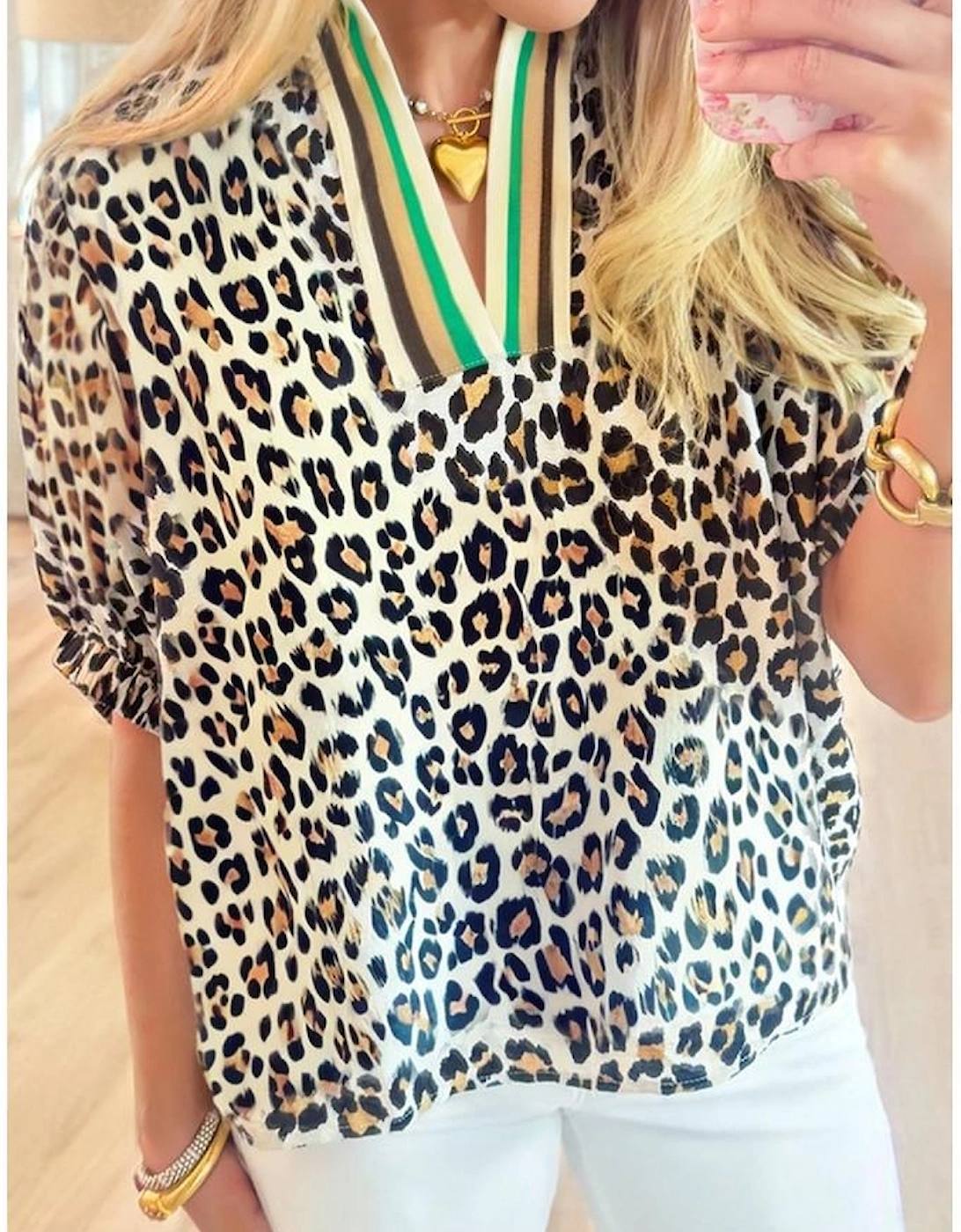 Khaki Leopard Color Block Contrast Striped V Neck Half Sleeve Loose Fit Blouse