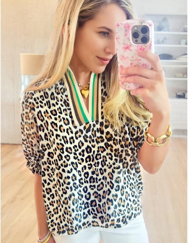 Khaki Leopard Color Block Contrast Striped V Neck Half Sleeve Loose Fit Blouse