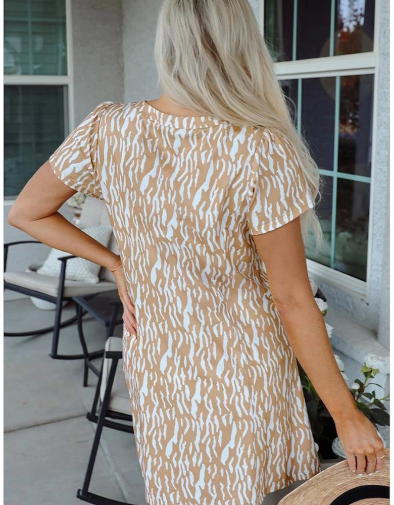 Khaki Abstract Print V Neck Short Sleeve Shift T Shirt Dress