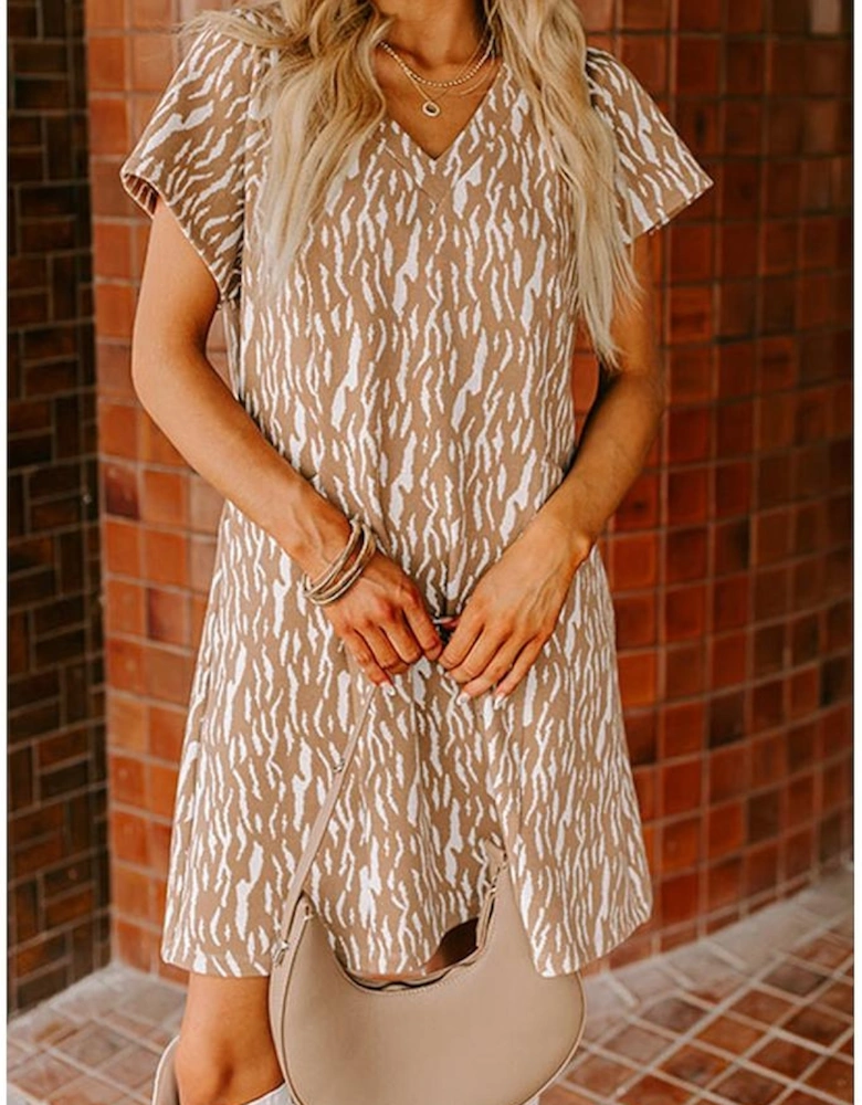Khaki Abstract Print V Neck Short Sleeve Shift T Shirt Dress