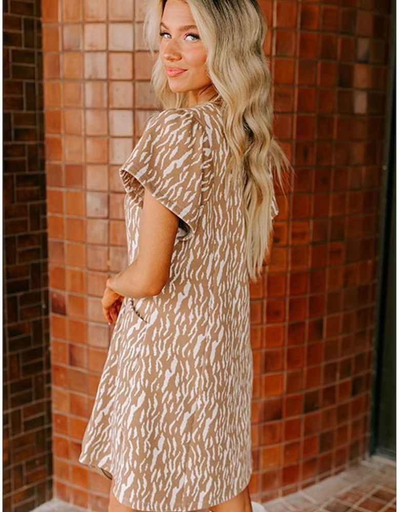 Khaki Abstract Print V Neck Short Sleeve Shift T Shirt Dress