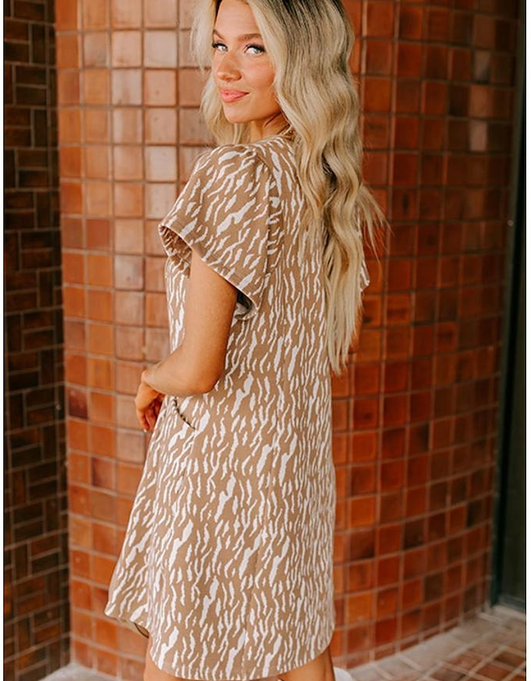 Khaki Abstract Print V Neck Short Sleeve Shift T Shirt Dress