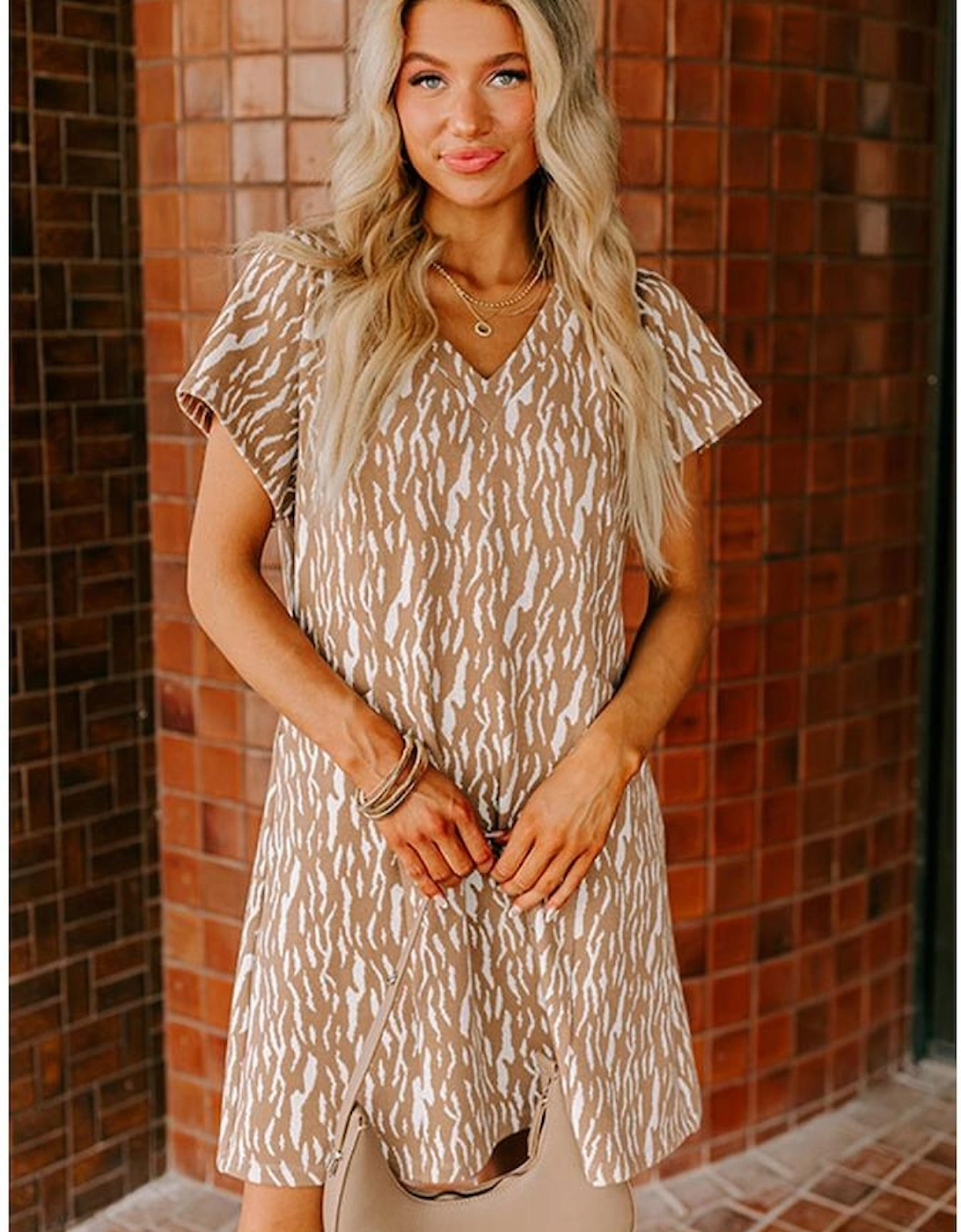 Khaki Abstract Print V Neck Short Sleeve Shift T Shirt Dress