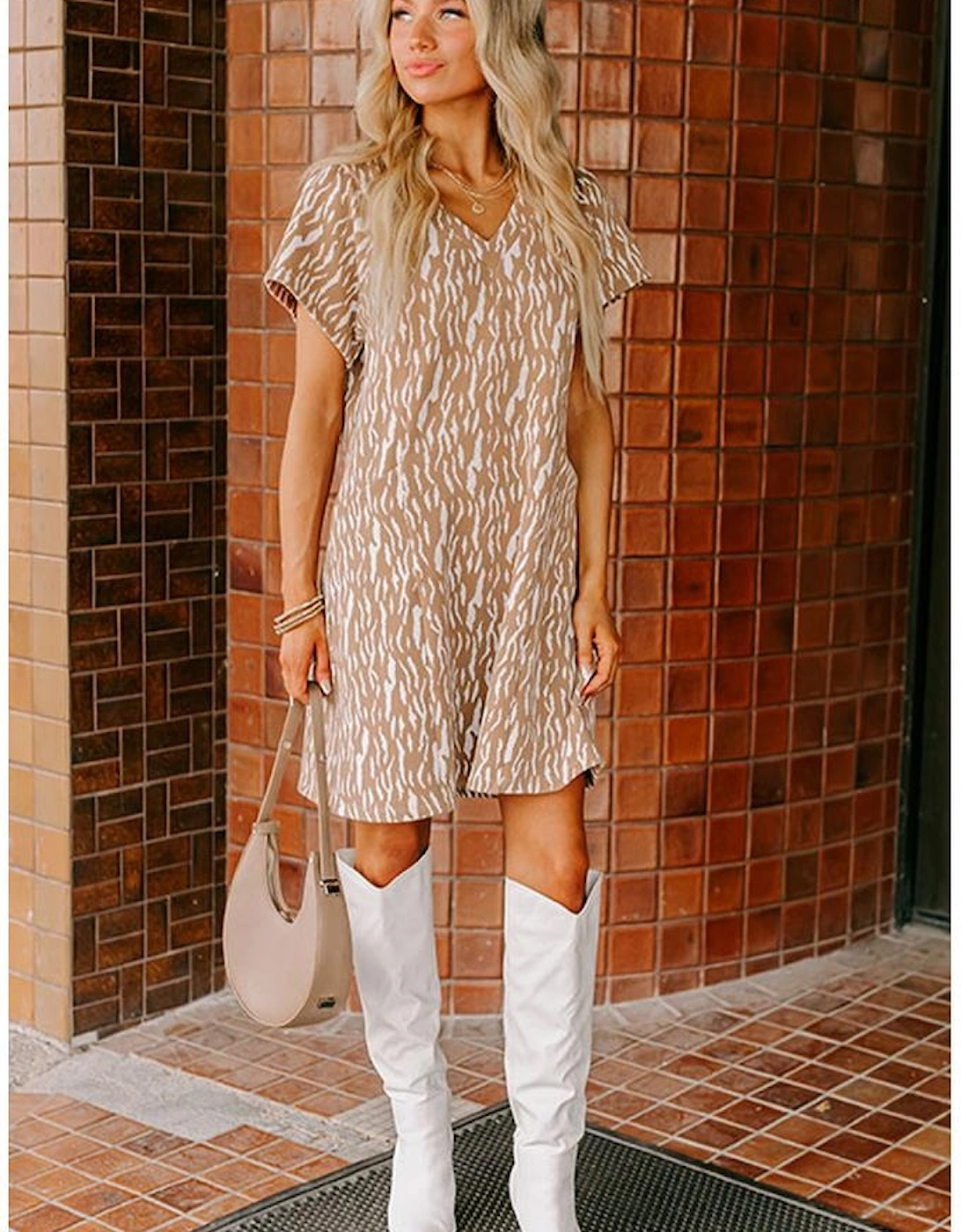 Khaki Abstract Print V Neck Short Sleeve Shift T Shirt Dress