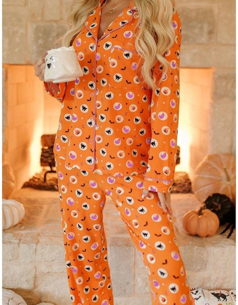 Orange Halloween Print Lapel Shirt Long 2pcs Pajama Set