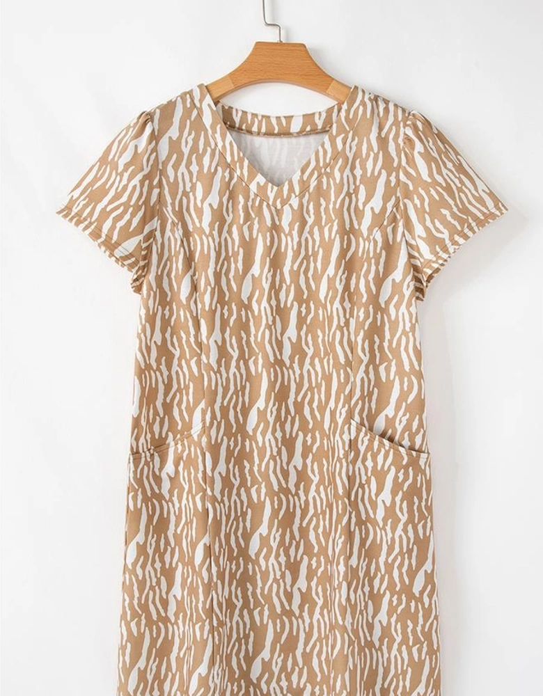 Khaki Abstract Print V Neck Short Sleeve Shift T Shirt Dress