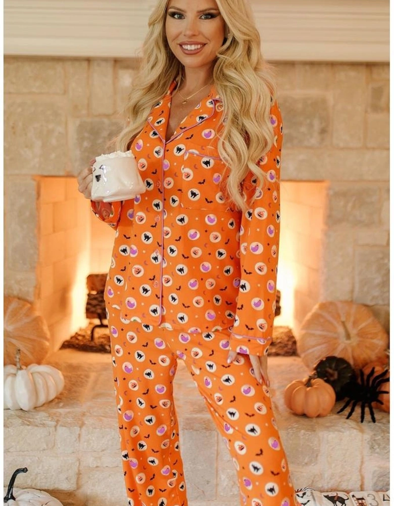 Orange Halloween Print Lapel Shirt Long 2pcs Pajama Set