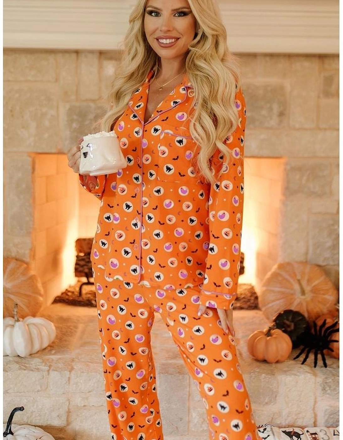 Orange Halloween Print Lapel Shirt Long 2pcs Pajama Set