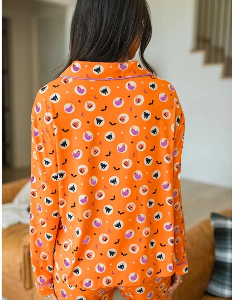 Orange Halloween Print Lapel Shirt Long 2pcs Pajama Set