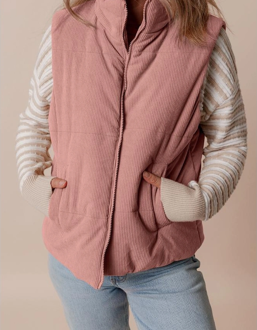 Apricot Pink Corduroy Stand Neck Zipped Puffer Vest