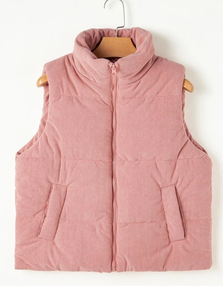 Apricot Pink Corduroy Stand Neck Zipped Puffer Vest