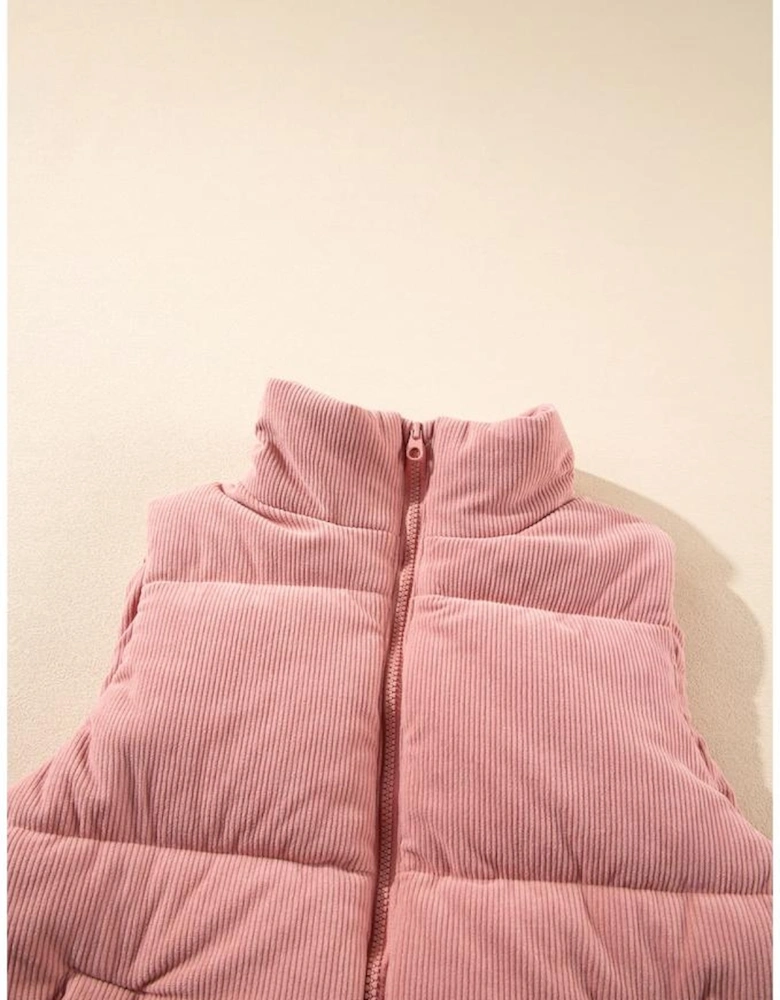 Apricot Pink Corduroy Stand Neck Zipped Puffer Vest
