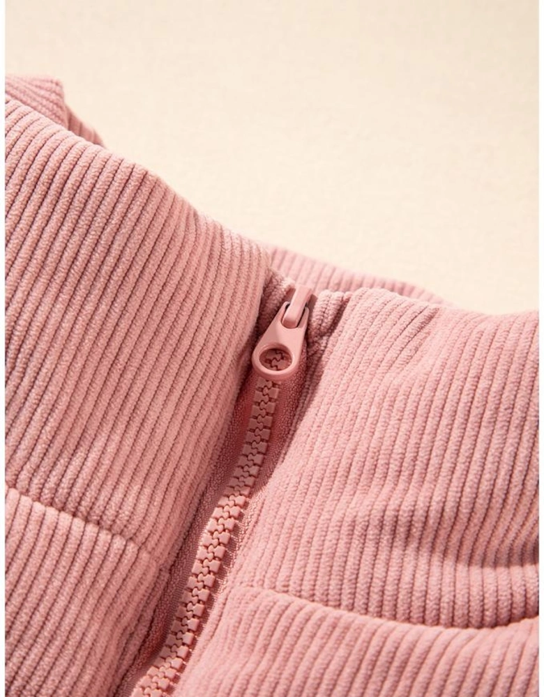 Apricot Pink Corduroy Stand Neck Zipped Puffer Vest