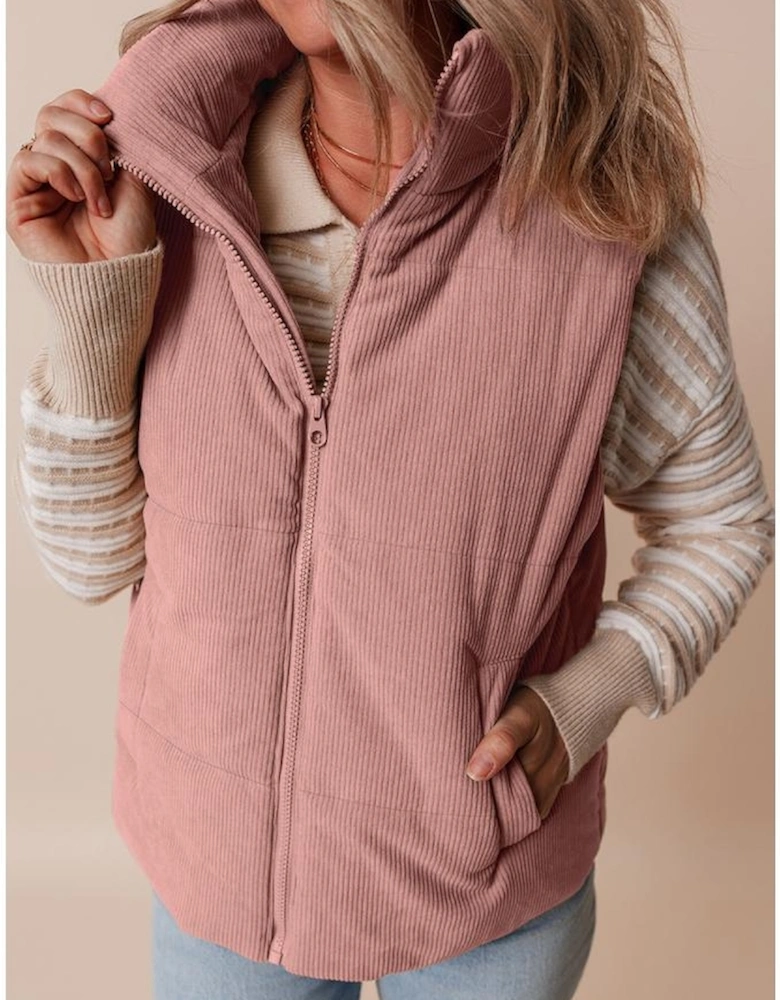 Apricot Pink Corduroy Stand Neck Zipped Puffer Vest