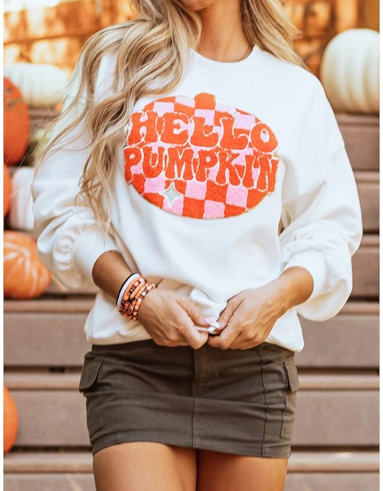 White Terry Halloween Pumpkin Patched Pattern Pullover Sweatshirt