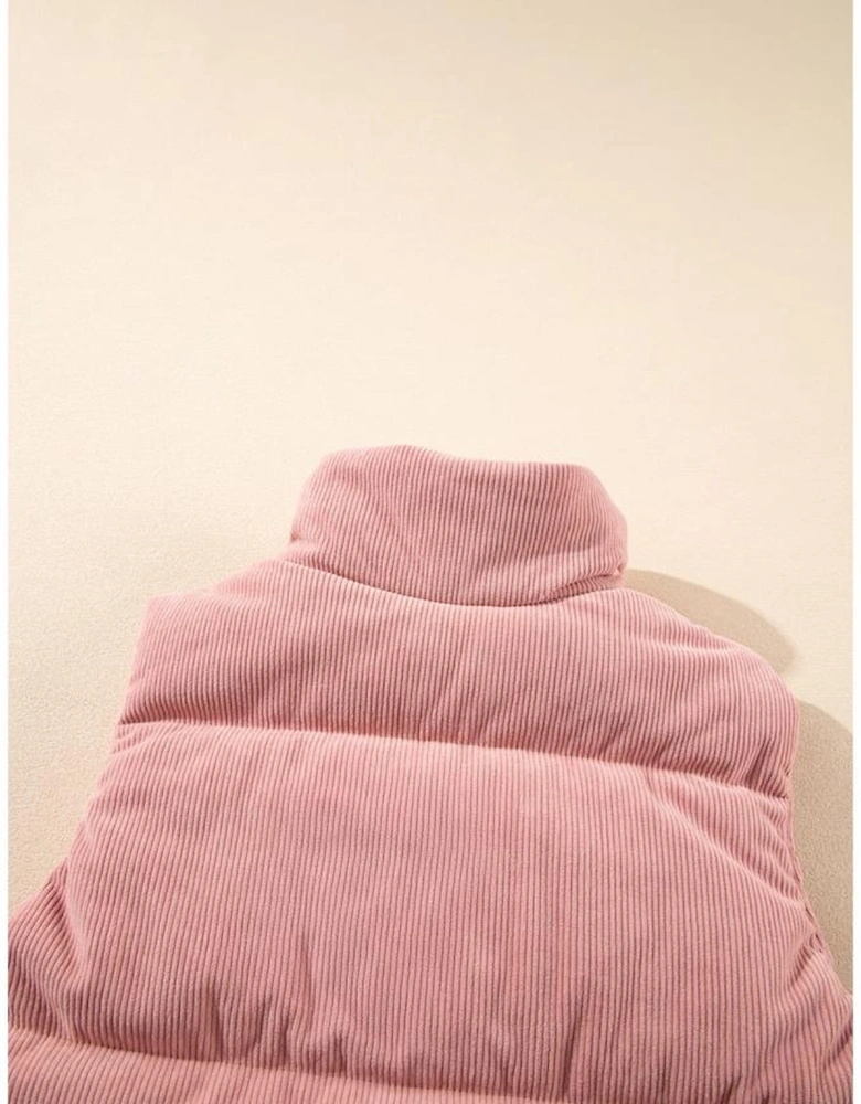 Apricot Pink Corduroy Stand Neck Zipped Puffer Vest