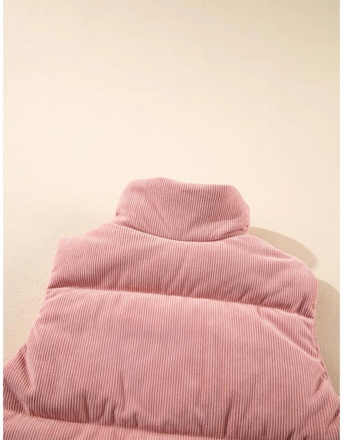 Apricot Pink Corduroy Stand Neck Zipped Puffer Vest