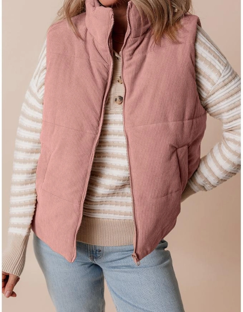 Apricot Pink Corduroy Stand Neck Zipped Puffer Vest