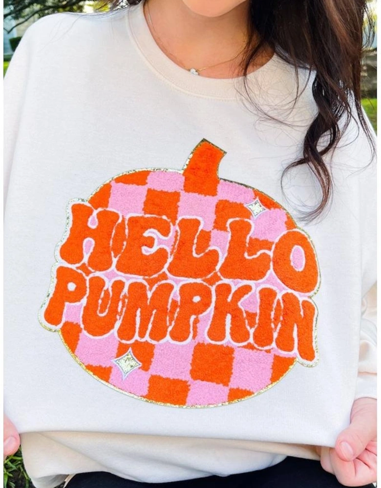 White Terry Halloween Pumpkin Patched Pattern Pullover Sweatshirt