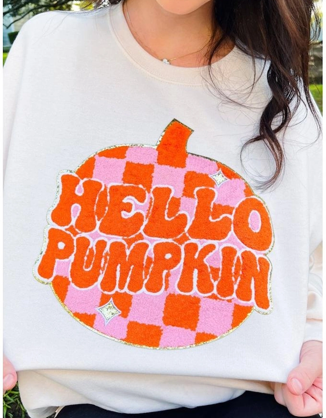 White Terry Halloween Pumpkin Patched Pattern Pullover Sweatshirt