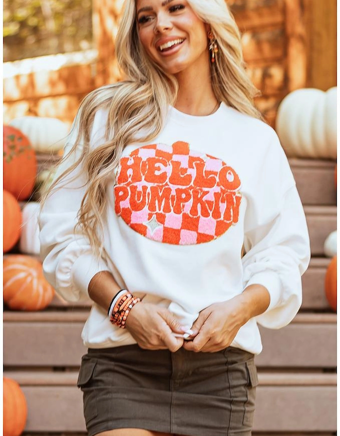 White Terry Halloween Pumpkin Patched Pattern Pullover Sweatshirt