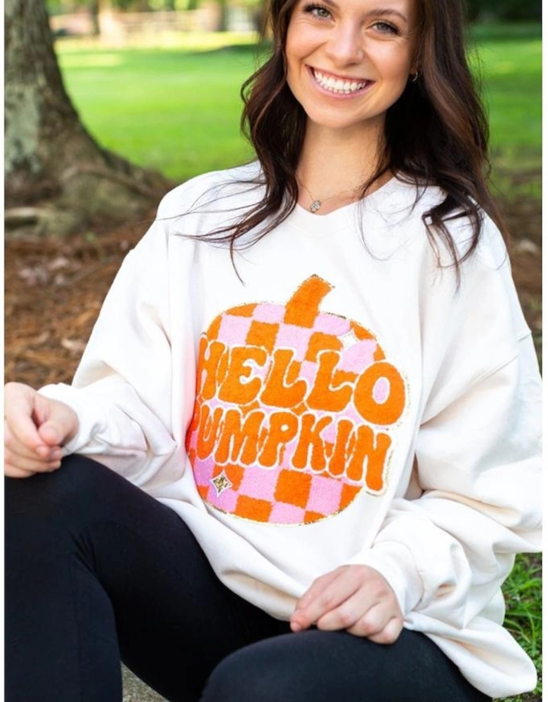 White Terry Halloween Pumpkin Patched Pattern Pullover Sweatshirt