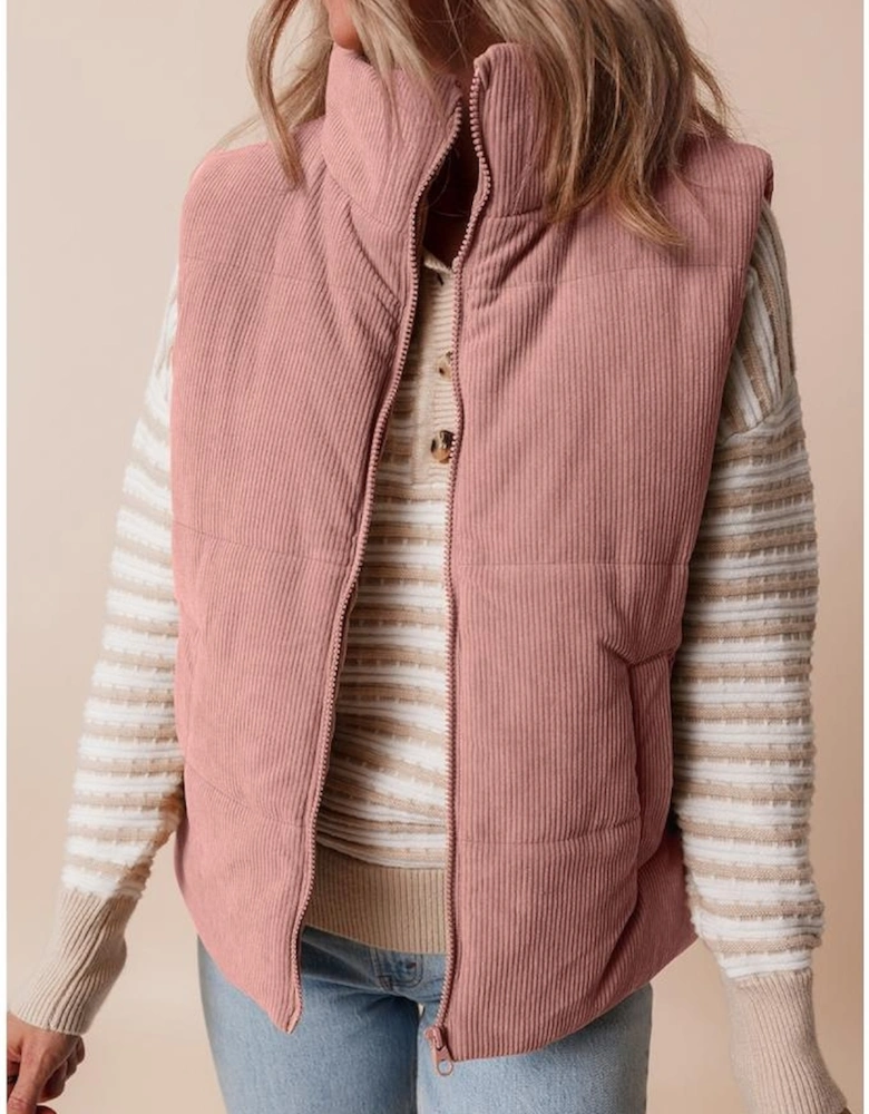 Apricot Pink Corduroy Stand Neck Zipped Puffer Vest