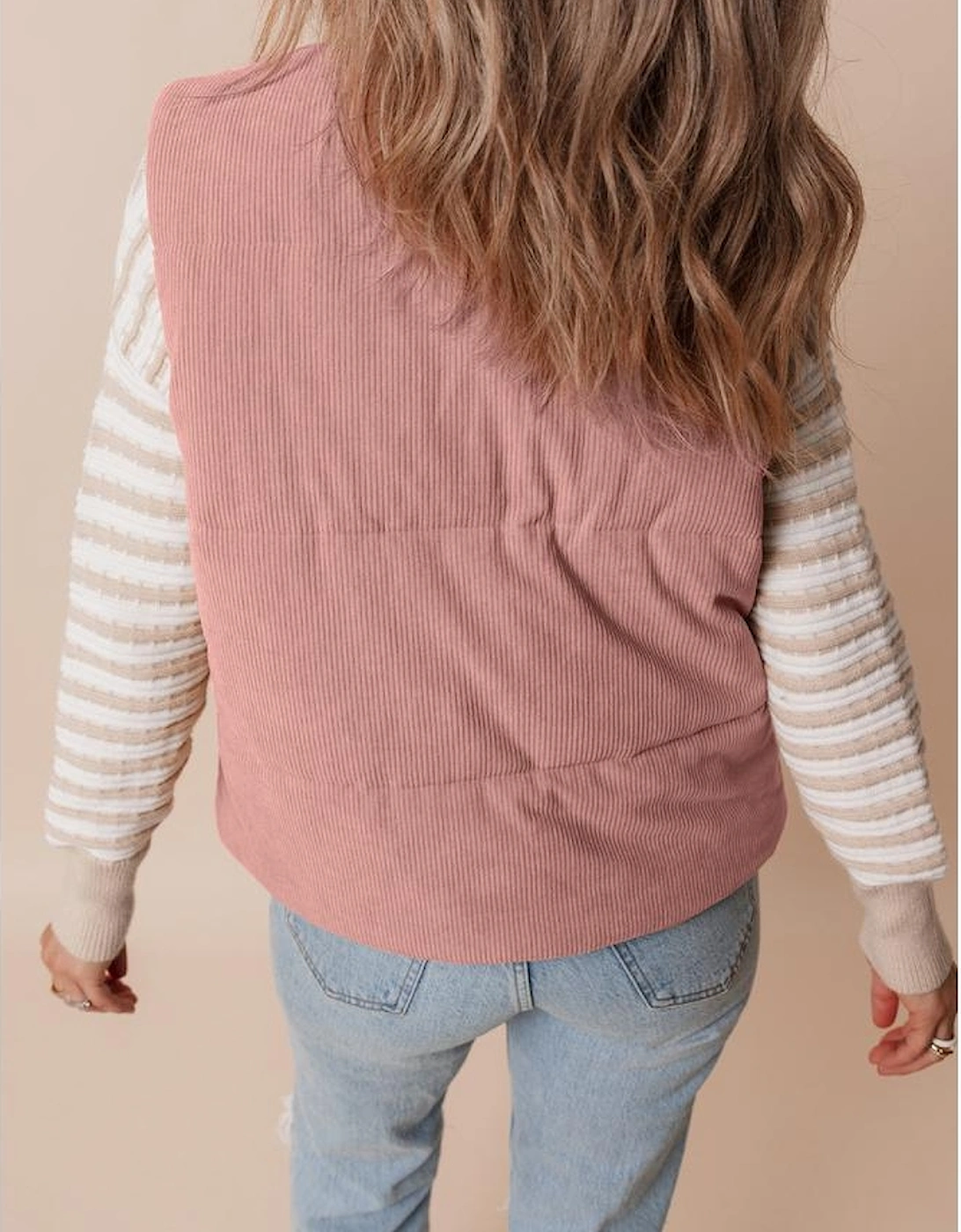 Apricot Pink Corduroy Stand Neck Zipped Puffer Vest