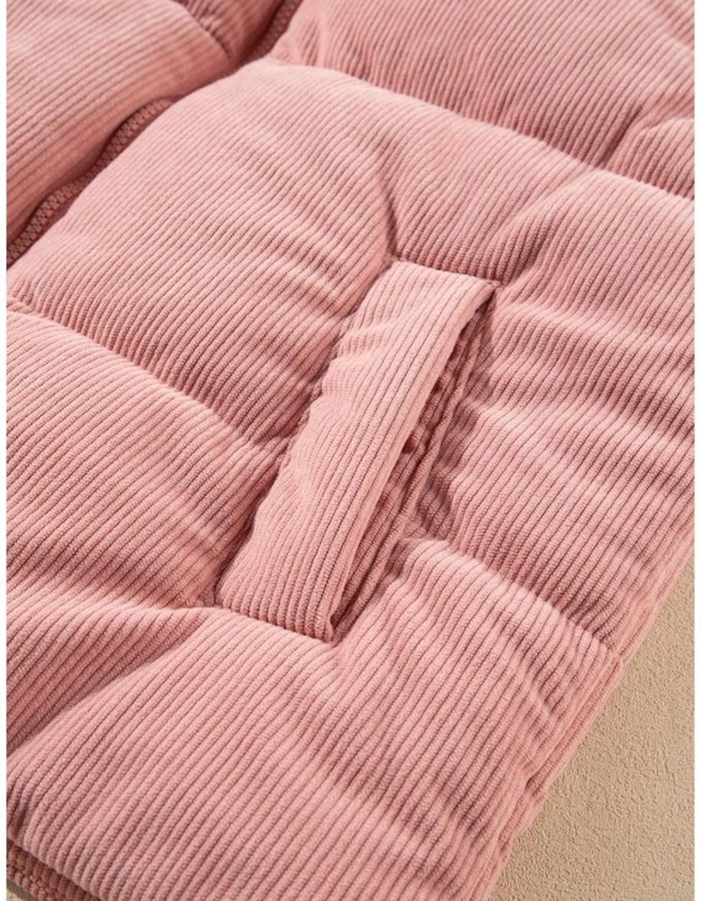 Apricot Pink Corduroy Stand Neck Zipped Puffer Vest