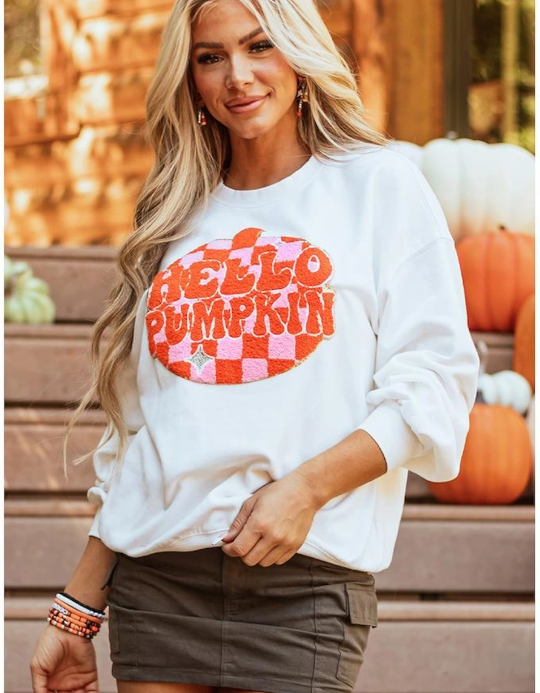 White Terry Halloween Pumpkin Patched Pattern Pullover Sweatshirt