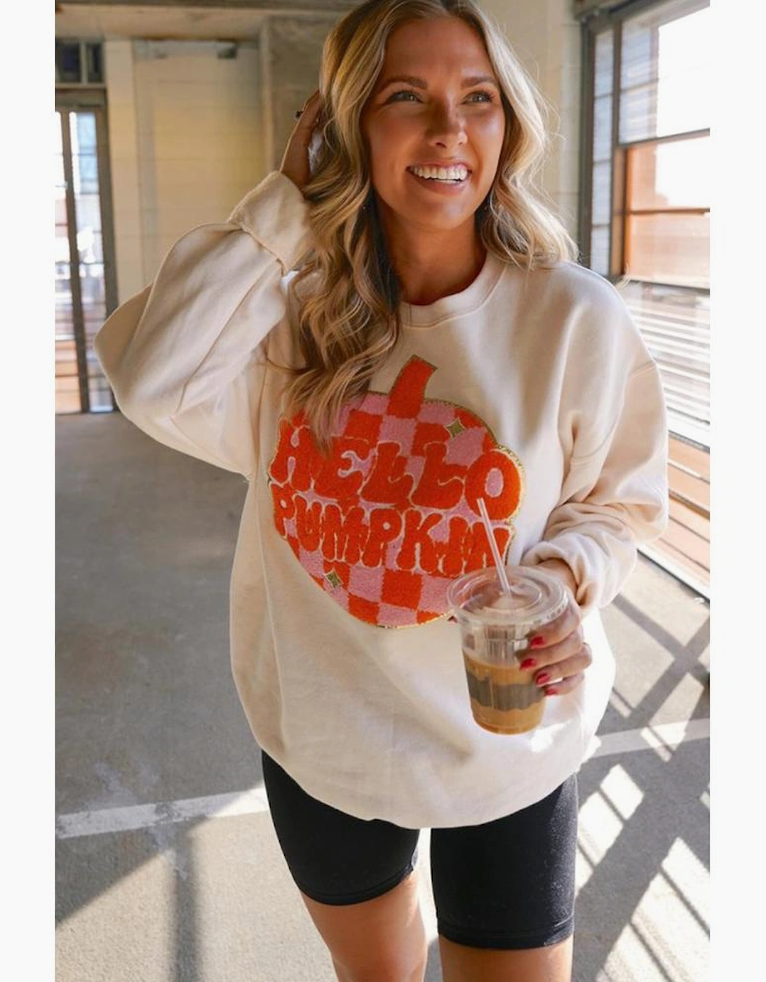 White Terry Halloween Pumpkin Patched Pattern Pullover Sweatshirt