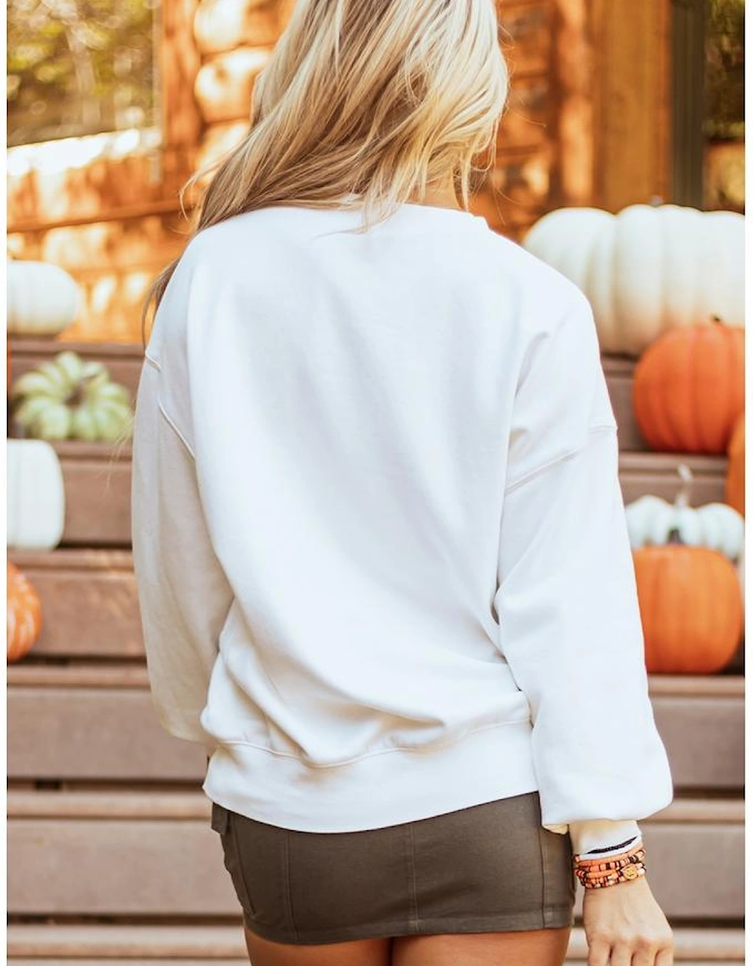 White Terry Halloween Pumpkin Patched Pattern Pullover Sweatshirt