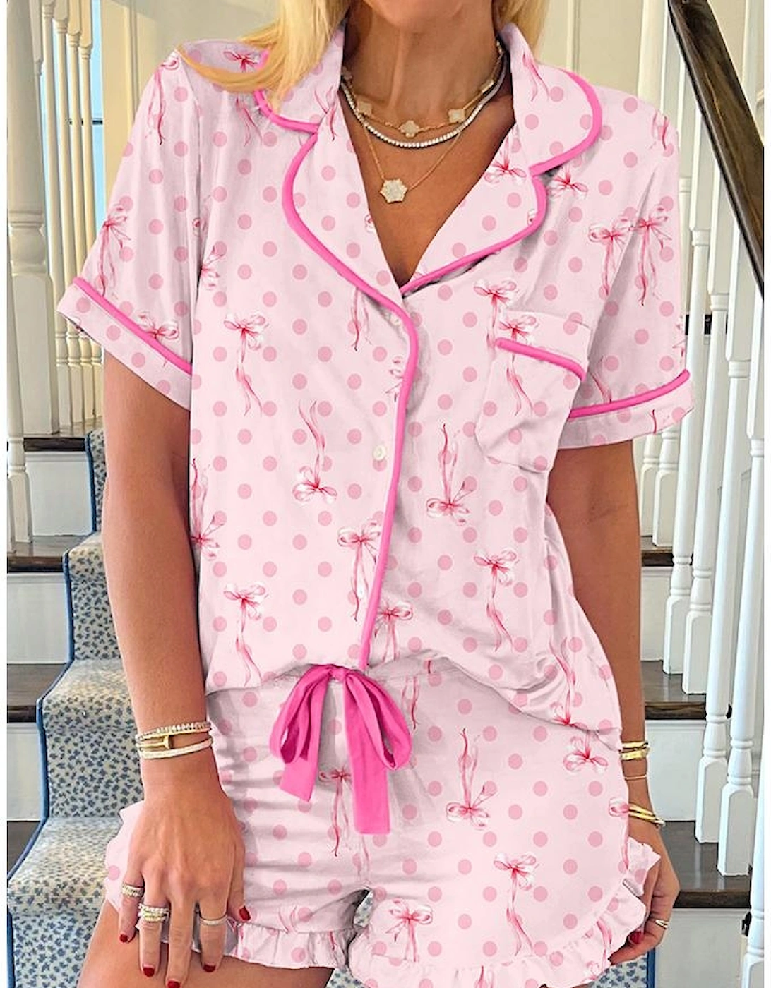 Pink Bow Print Contrast Pipping Short Pajamas Set