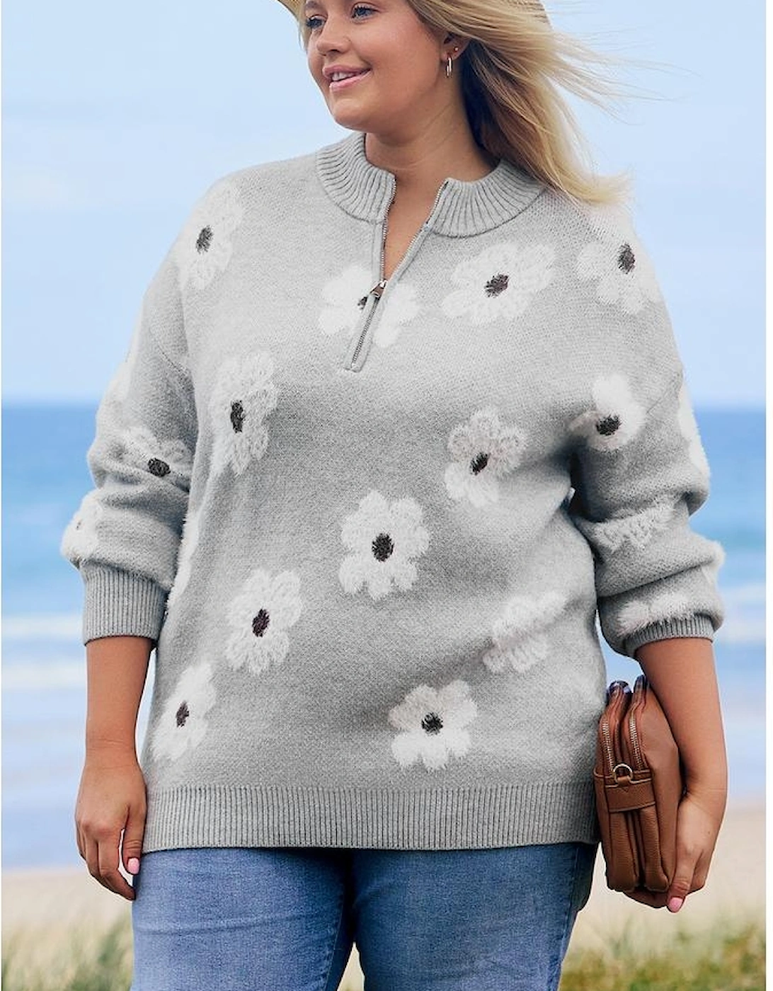 Gray Plus Size Embroidered Floral Pattern Half Zip Sweater