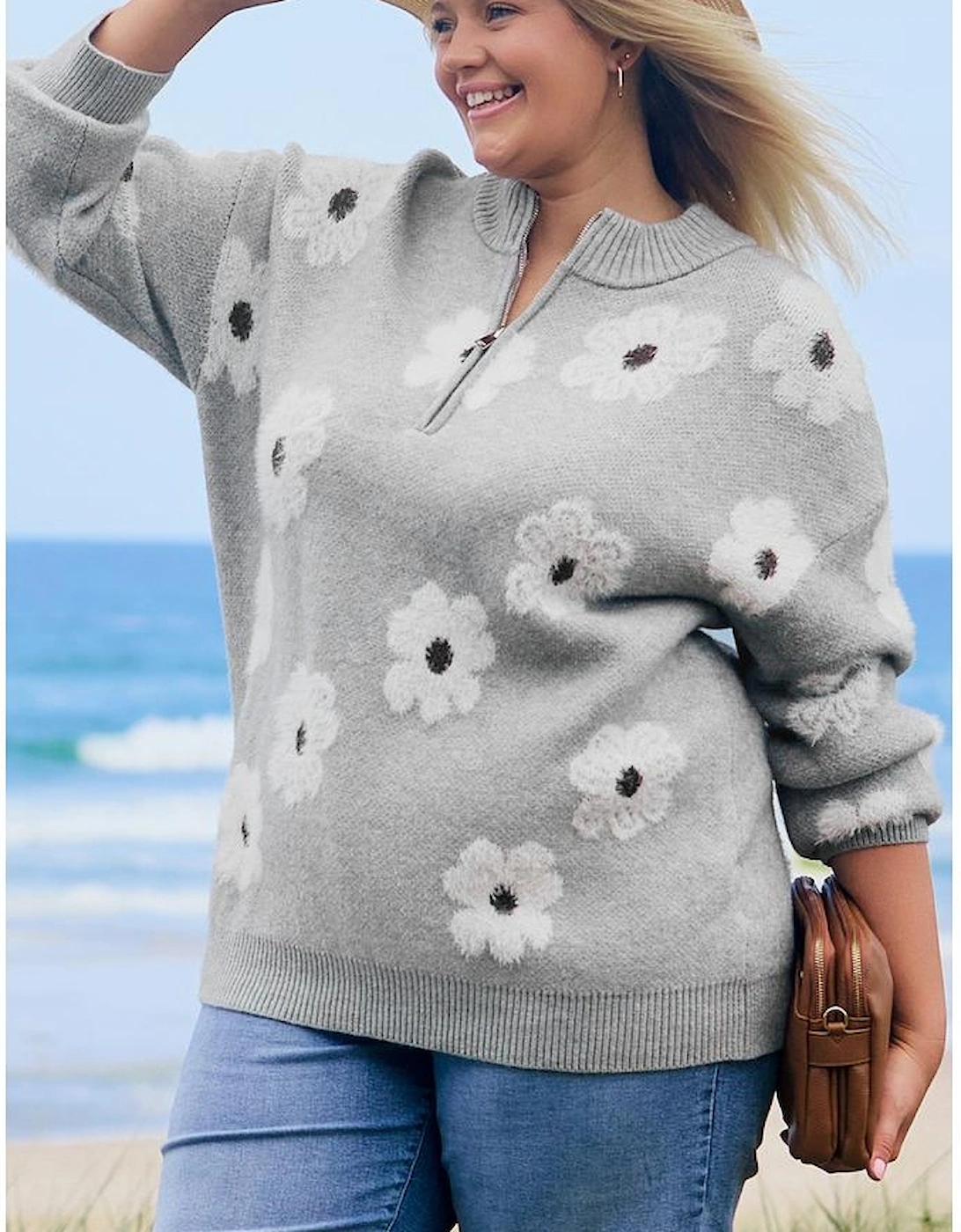 Gray Plus Size Embroidered Floral Pattern Half Zip Sweater