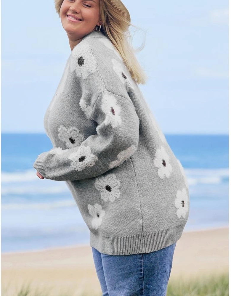 Gray Plus Size Embroidered Floral Pattern Half Zip Sweater