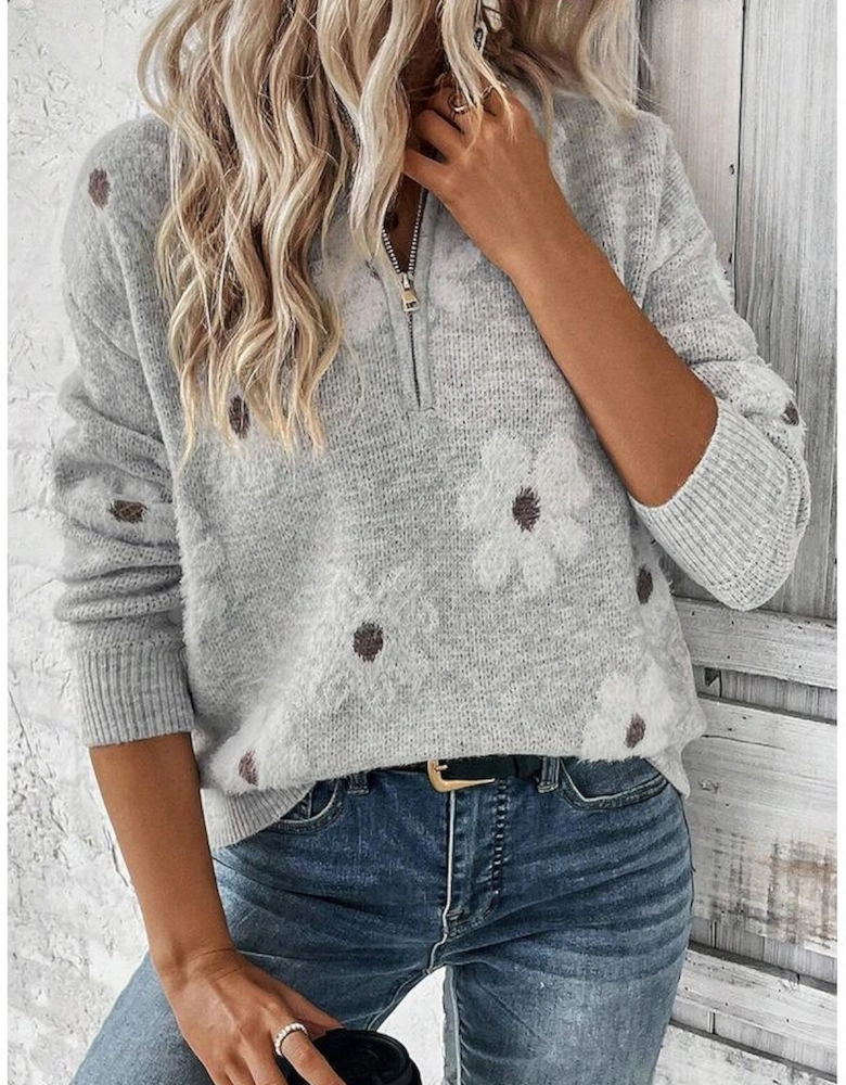 Gray Plus Size Embroidered Floral Pattern Half Zip Sweater