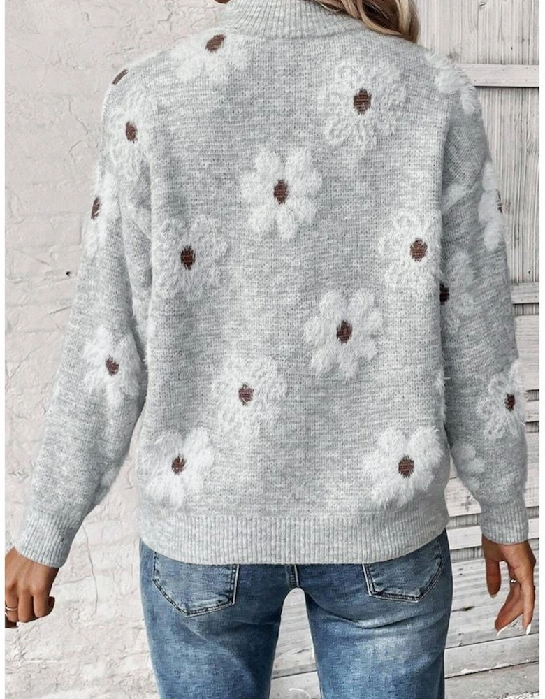 Gray Plus Size Embroidered Floral Pattern Half Zip Sweater