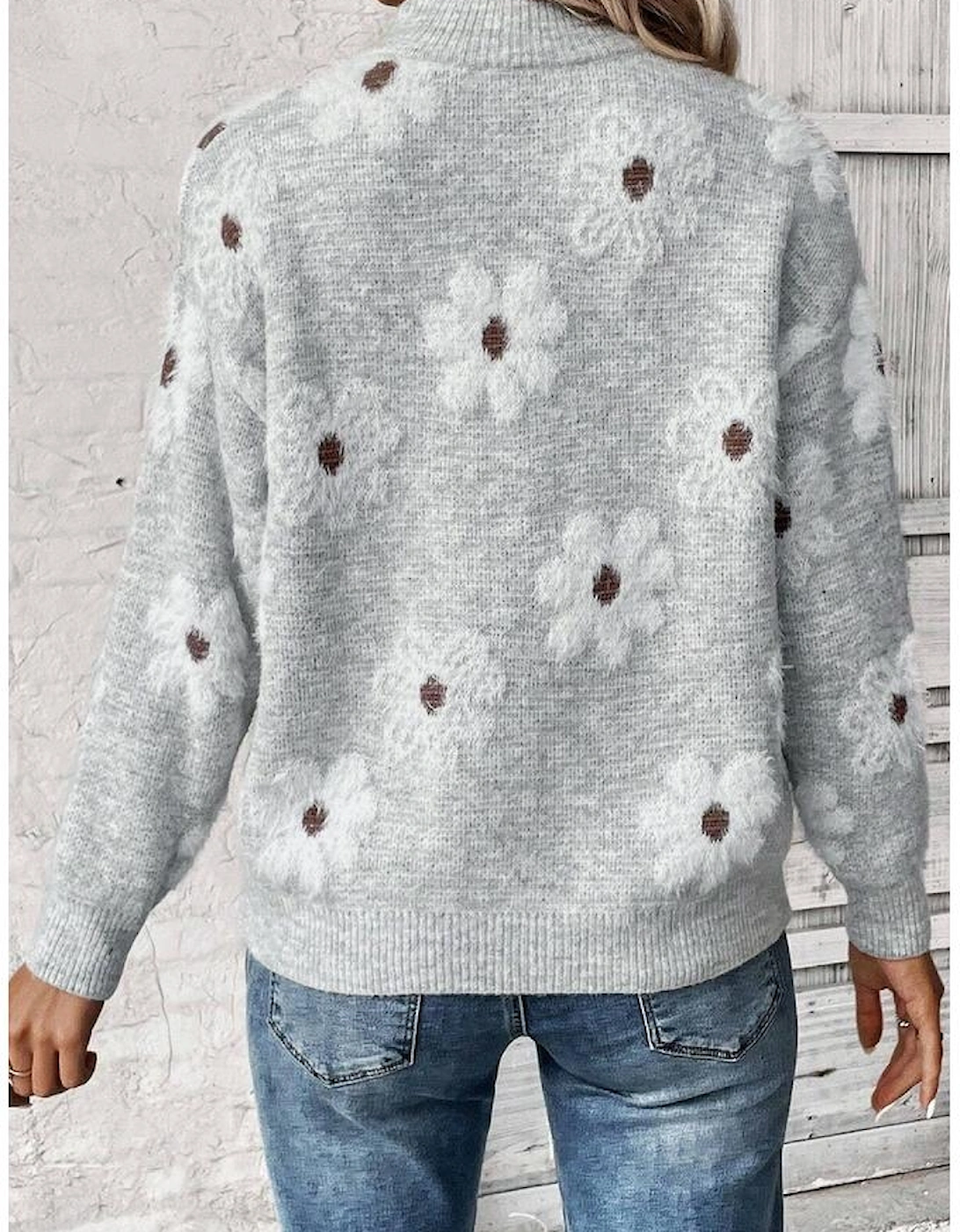 Gray Plus Size Embroidered Floral Pattern Half Zip Sweater