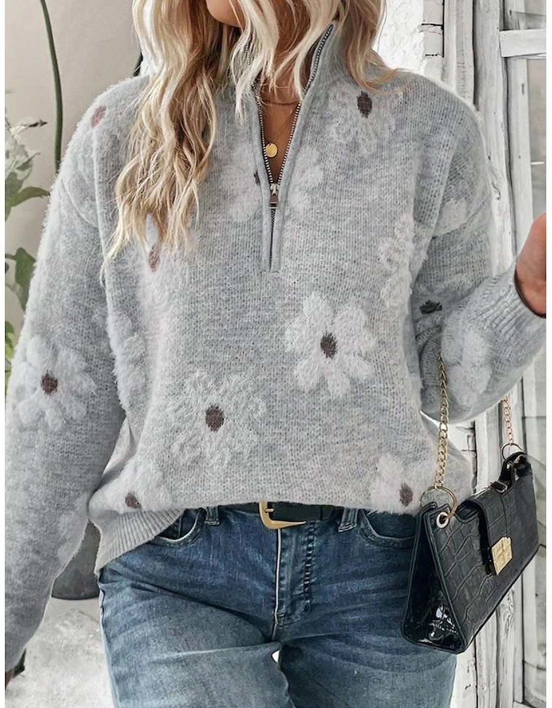 Gray Plus Size Embroidered Floral Pattern Half Zip Sweater