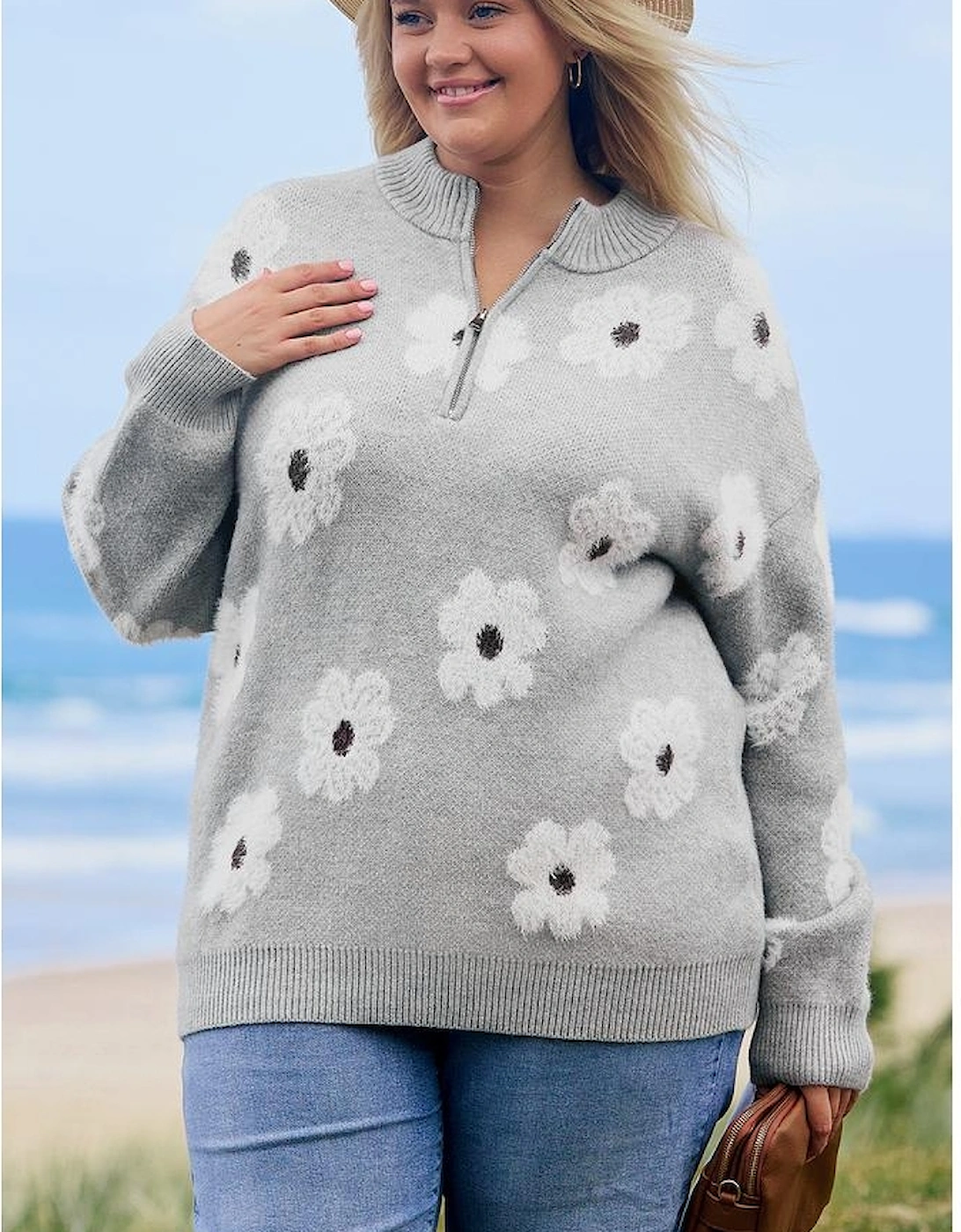 Gray Plus Size Embroidered Floral Pattern Half Zip Sweater