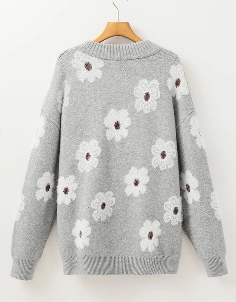 Gray Plus Size Embroidered Floral Pattern Half Zip Sweater