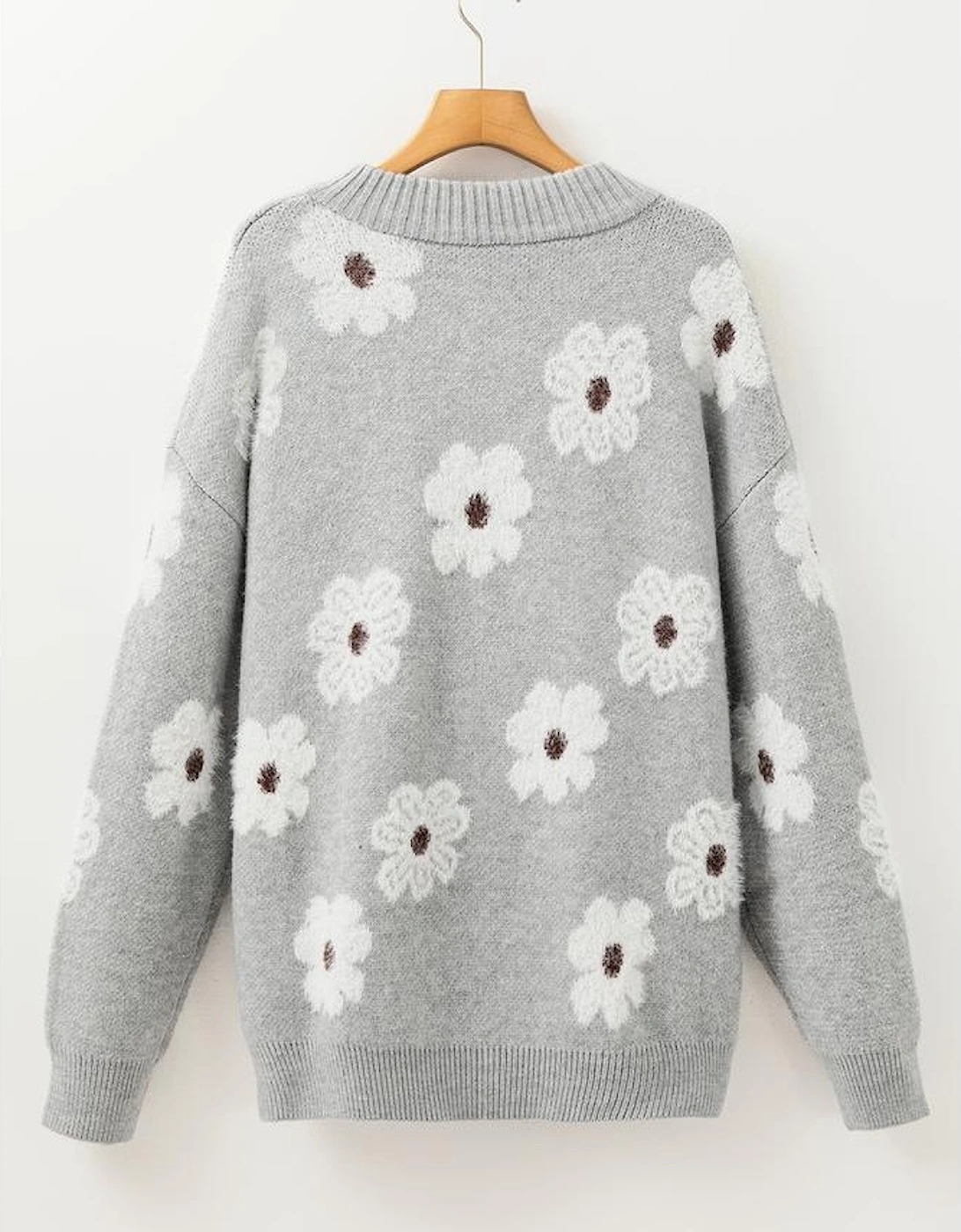 Gray Plus Size Embroidered Floral Pattern Half Zip Sweater