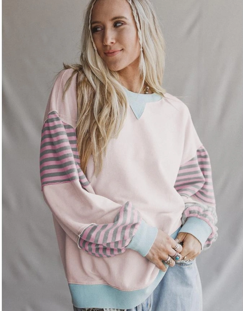 Delicacy Striped Colorblock Patchwork Drop Shoulder Sweatshirt